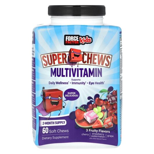 Основне фото товару Kids Super Chews Multivitamin Cherry Strawberry Watermelon Grape Основне фото товару Kids Super Chews Multivitamin Cherry Strawberry, Вітамін C, 60 та