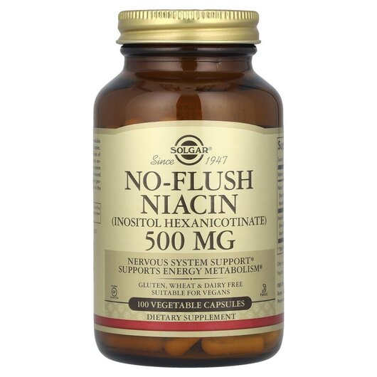 Основне фото товару No-Flush Niacin 500 mg Основне фото товару Solgar, No-Flush Niacin 500 mg, Ніацин 500 мг, 100 капсул