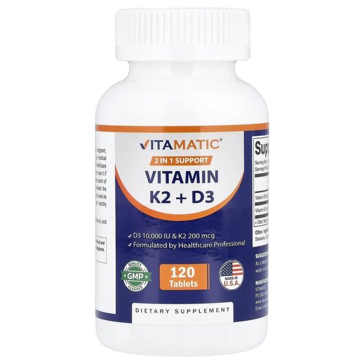 Основне фото товару Vitamin K2 + D3 Основне фото товару Vitamatic, Vitamin K2 + D3, Вітамін K2, 120 таблеток