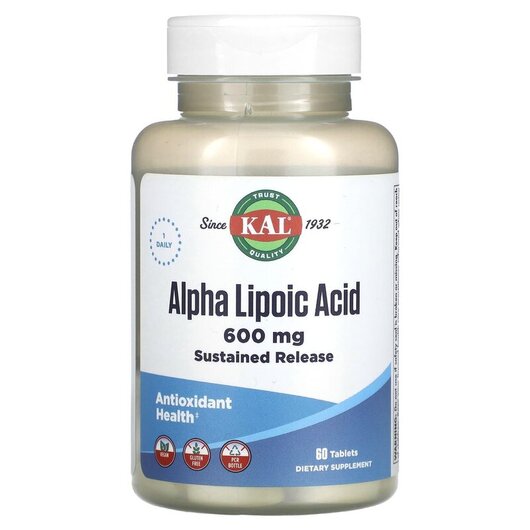Основне фото товару Alpha Lipoic Acid 600 mg Основне фото товару KAL, Alpha Lipoic Acid 600 mg, Альфа-ліпоєва, 60 таблеток