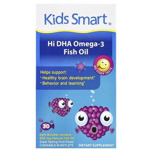 Основне фото товару Kids Smart Hi DHA-Omega 3 Fish Oil Berry Flavor Основне фото товару Bioglan, Kids Smart Hi DHA-Omega 3 Fish Oil, Омега 3, 30 таблеток