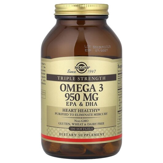 Основное фото товара Triple Strength Omega 3 EPA DHA Non-GMO 950 mg Основное фото товара Solgar, Омега-3 950 мг ЕПА и ДГА, Omega 3 950 mg EPA & DHA, 1