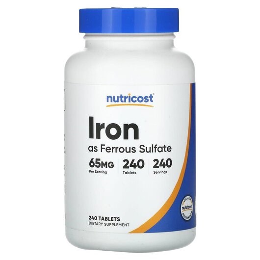 Основне фото товару Nutricost, Iron as Ferrous Sulfate 65 mg, Залізо, 240 таблеток