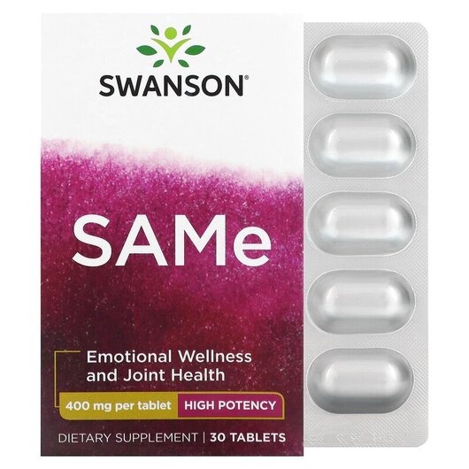 Основне фото товару Swanson, SAMe High Potency 400 mg, САМе Аденозил-метионін, 30 таб