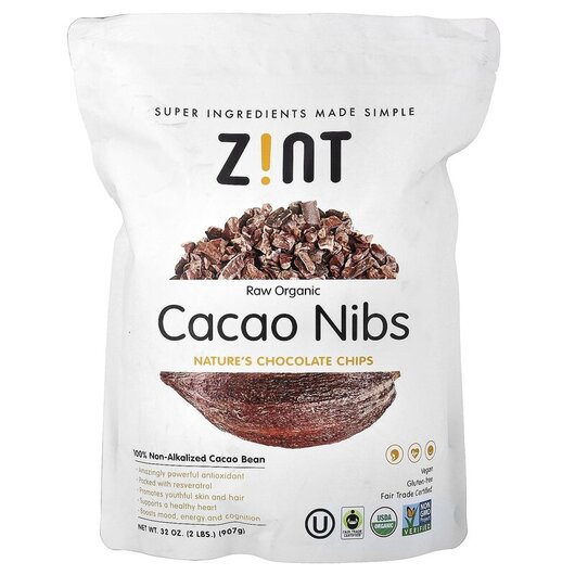 Основне фото товару Raw Organic Cacao Nibs Основне фото товару Zint, Raw Organic Cacao Nibs, Какао у порошку, 907 г