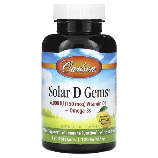 Основне фото товару Solar D Gems 6000 IU 150 mcg Vitamin D3 + Omega-3s Natural Lemon Flavor Основне фото товару Solar D Gems 6000 IU 150 mcg Vitamin D3 + Omega-3s, Вітамін D3, 1