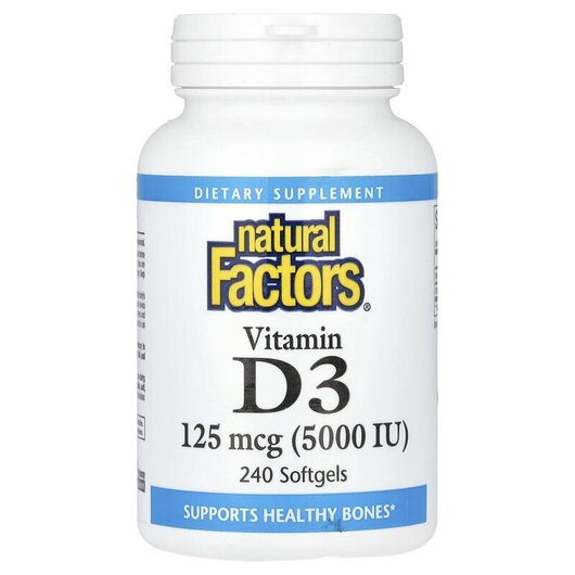 Основное фото товара Natural Factors, Витамин D3, Vitamin D3 125 mcg 5000 IU, 240 капс