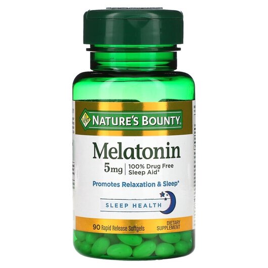 Основне фото товару Melatonin 5 mg Основне фото товару Nature's Bounty, Melatonin 5 mg, Мелатонін 5 мг, 90 капсул