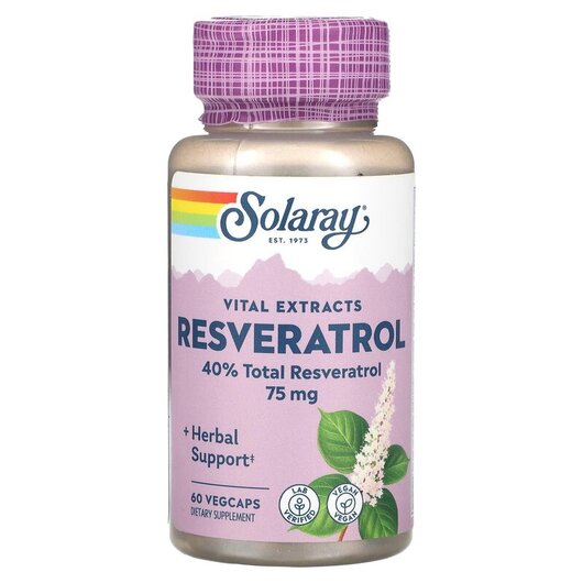 Основне фото товару Solaray, Vital Extracts Resveratrol 75 mg, Ресвератрол, 60 капсул