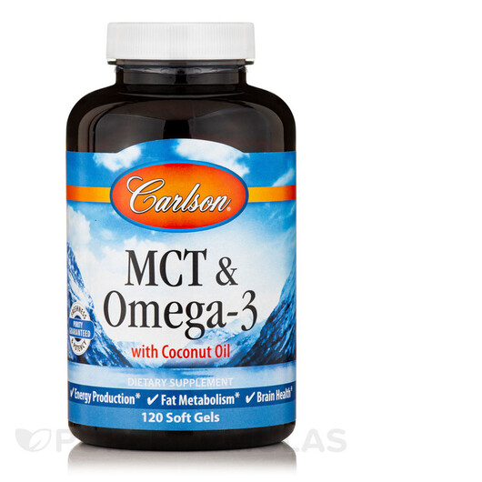 Основне фото товару Carlson, MCT & Omega-3 with Coconut Oil, MCT Олія, 120 капсул
