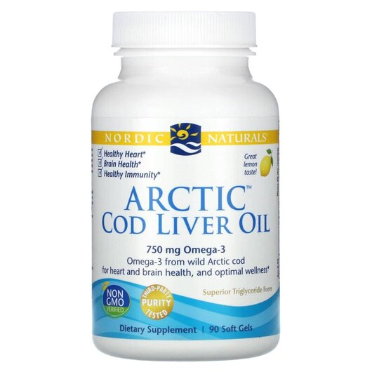 Основне фото товару Arctic Cod Liver Oil Lemon 1000 mg Основне фото товару Nordic Naturals, Arctic Cod Liver Oil, Олія печінки тріски, 90 ка