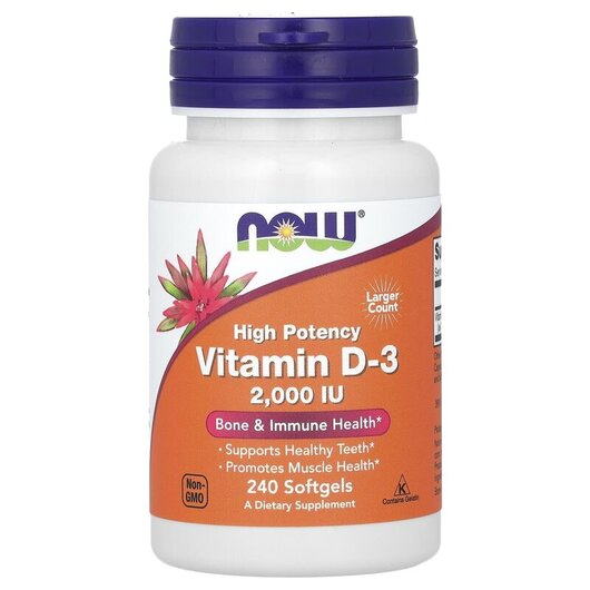 Основне фото товару Vitamin D-3 High Potency 2000 IU Основне фото товару NOW Foods, Vitamin D-3 2000 IU, Вітамін D-3 2000 МО, 240 капсул