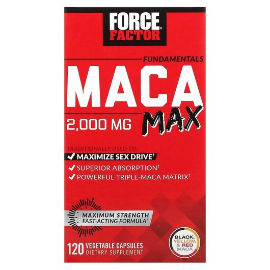 Основное фото товара Fundamentals Maca Max 500 mg Основное фото товара Force Factor, Мака, Fundamentals Maca Max 500 mg, 120 капсул