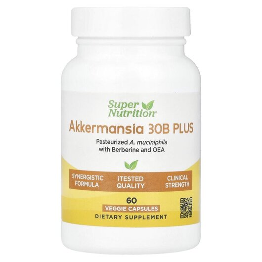 Основне фото товару Akkermansia 30B PLUS Pasteurized A. Muciniphila with Berberine and OEA Основне фото товару Super Nutrition, Akkermansia 30B PLUS, Аккермансія, 60 капсул