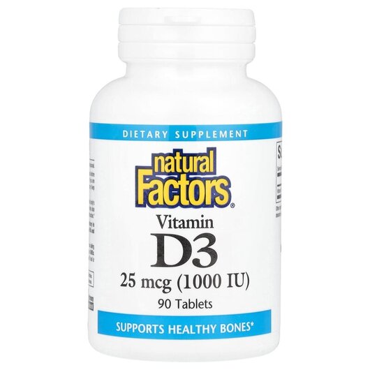 Основне фото товару Vitamin D3 25 mcg 1000 IU Основне фото товару Natural Factors, Vitamin D3 25 mcg 1000 IU, Вітамін D, 90 таблето
