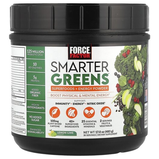 Основное фото товара Smarter Greens Superfoods + Energy Powder Lemon-Lime Основное фото товара Force Factor, Суперфуд, Smarter Greens Superfoods + Energy, 436 г