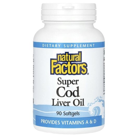 Основне фото товару Super Cod Liver Oil Основне фото товару Natural Factors, Super Cod Liver Oil, Олія печінки тріски, 90 кап