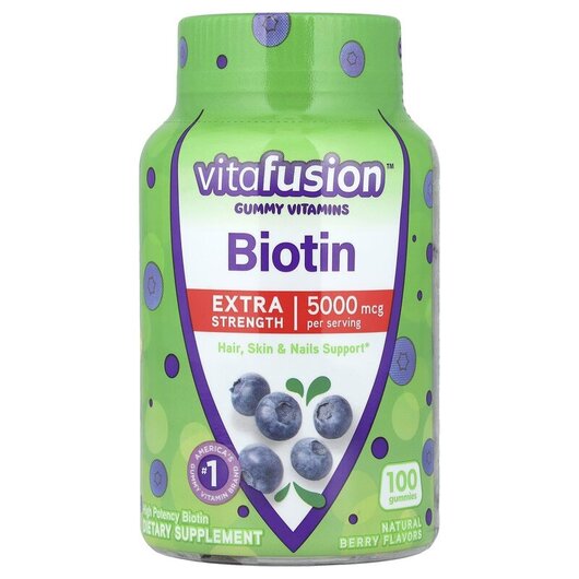 Основное фото товара Extra Strength Biotin Natural Blueberry Flavor 5000 mcg Основное фото товара VitaFusion, Биотин 5000 мкг, Biotin Blueberry, 100 конфет