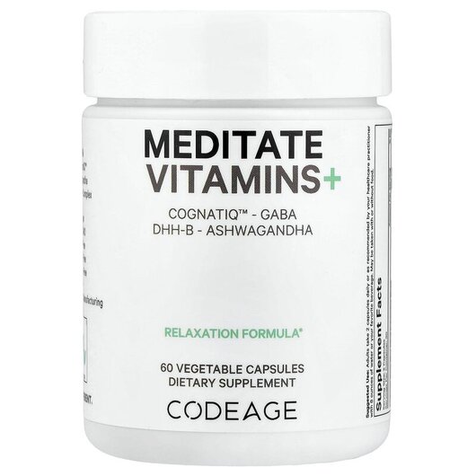 Основне фото товару Meditate Vitamins+ CognatiQ GABA DHH-B Ashwagandha Основне фото товару CodeAge, Meditate Vitamins+, Підтримка стресу, 60 капсул