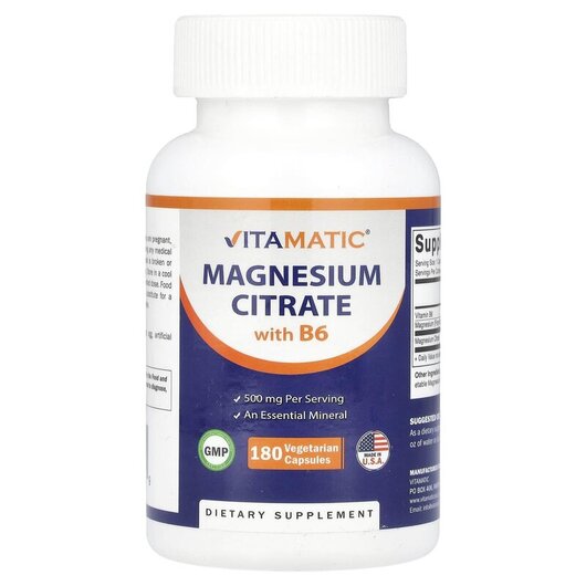 Основное фото товара Magnesium Citrate with B6 Основное фото товара Vitamatic, Магний, Magnesium Citrate with B6, 180 капсул