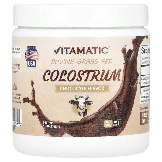 Основне фото товару Vitamatic, Bovine Grass Fed Colostrum Chocolate, Колострум, 81 г