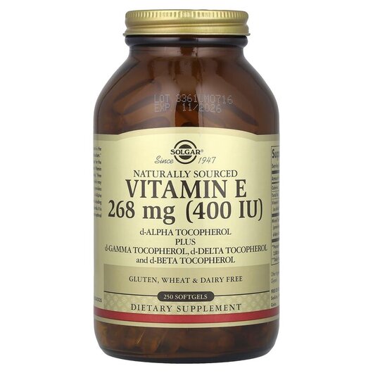 Основное фото товара Naturally Sourced Vitamin E 268 mg 400 IU Основное фото товара Solgar, Витамин Е 268 мг 400 МЕ, Vitamin E 268 mg 400 IU, 250 кап