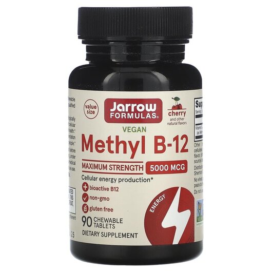 Основне фото товару Methyl B-12 Cherry 5000 mcg Основне фото товару Jarrow Formulas, Methyl B-12 Cherry Chewable, Вітамін B12, 90 пас