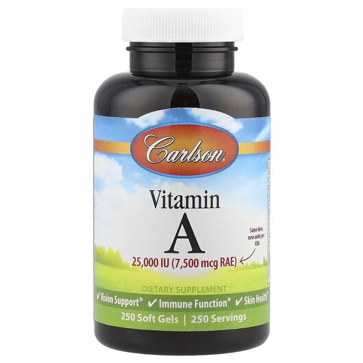 Основне фото товару Carlson, Vitamin A 7500 mcg, Вітамін А Ретінол, 250 капсул