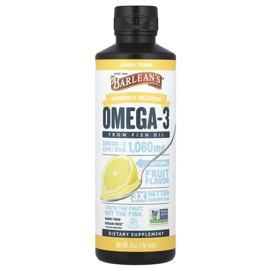Основне фото товару Omega-3 Fish Oil Lemon Creme Основне фото товару Barlean's, Omega-3 Fish Oil Lemon Creme, Омега ЕПК ДГК, 454