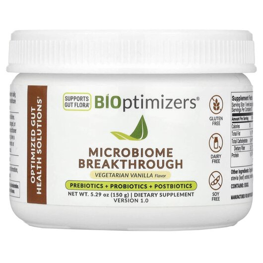 Основне фото товару Microbiome Breakthrough Prebiotics + Probiotics + Postbiotics Основне фото товару BiOptimizers, Microbiome Breakthrough, Пребіотики, 150 г