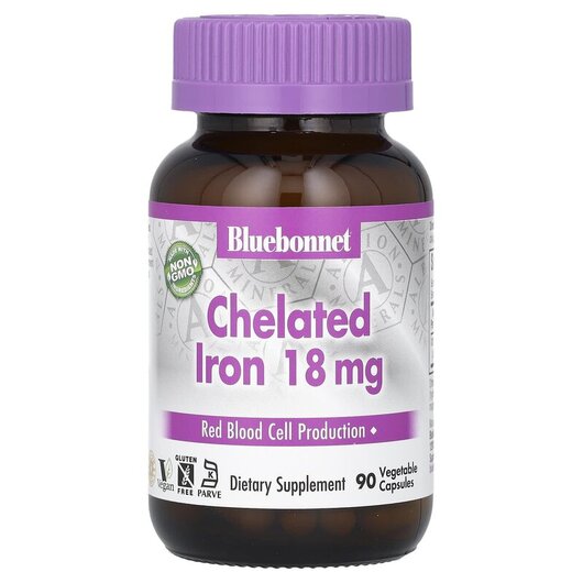 Основне фото товару Bluebonnet Nutrition, Chelated Iron, Хелатне Залізо 18 мг, 90 кап