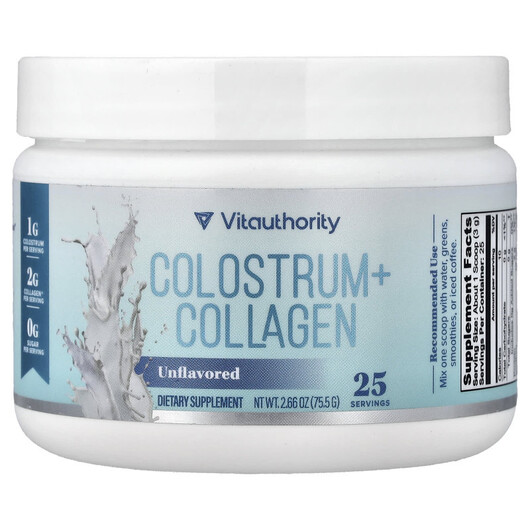 Основне фото товару Vitauthority, Colostrum + Collagen Unflavored, Колаген, 75.5 г