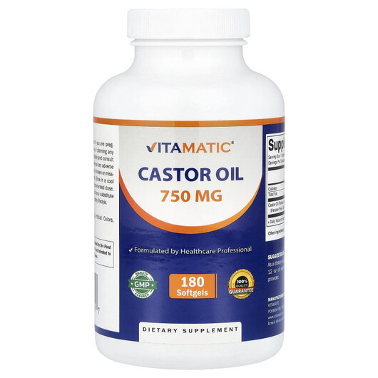 Основне фото товару Castor Oil 750 mg Основне фото товару Vitamatic, Castor Oil 750 mg, Рицинова олія, 180 капсул