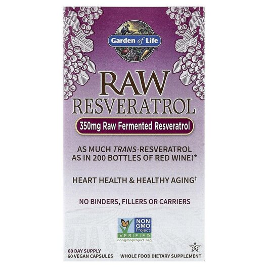 Основне фото товару Garden of Life, RAW Resveratrol 350 mg, Ресвератрол, 60 капсул