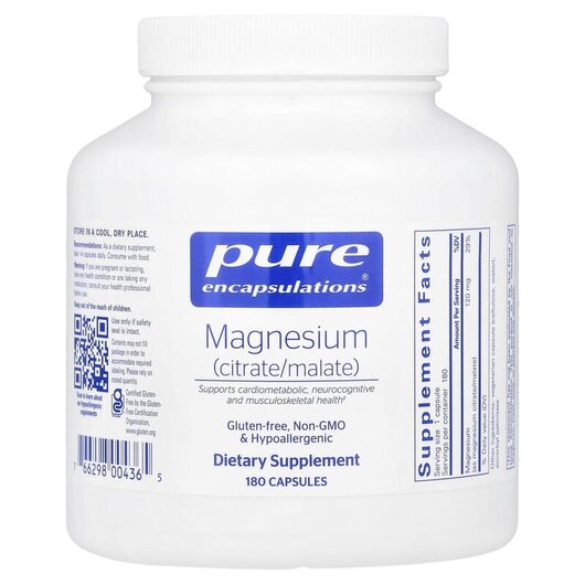 Основне фото товару Pure Encapsulations, Magnesium Citrate/Malate, Магній, 180 капсул
