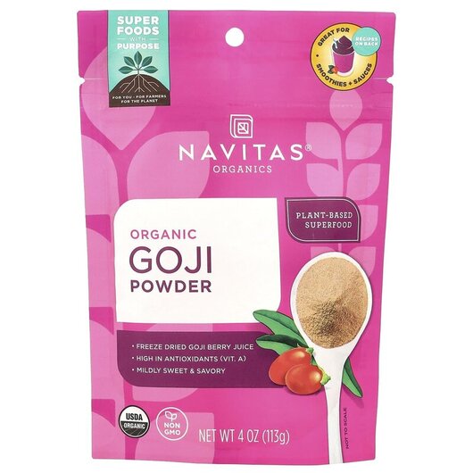 Основне фото товару Navitas Organics, Organic Goji Powder, Ягоди Годжі, 113 г