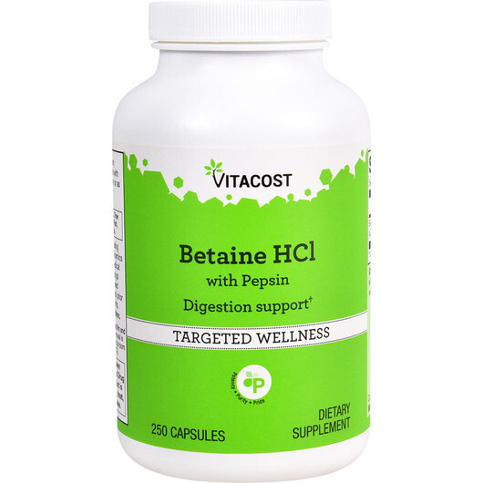 Основне фото товару Vitacost, Betaine HCl with Pepsin, Бетаїн Гідрохлорид, 250 капсул