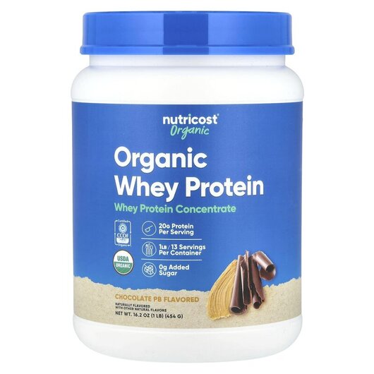 Основне фото товару Nutricost, Organic Whey Protein Chocolate PB, Протеїн, 454 г