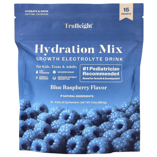 Основне фото товару Hydration Mix Blue Raspberry Основне фото товару TruHeight, Hydration Mix Blue Raspberry, Електроліти, 15 шт