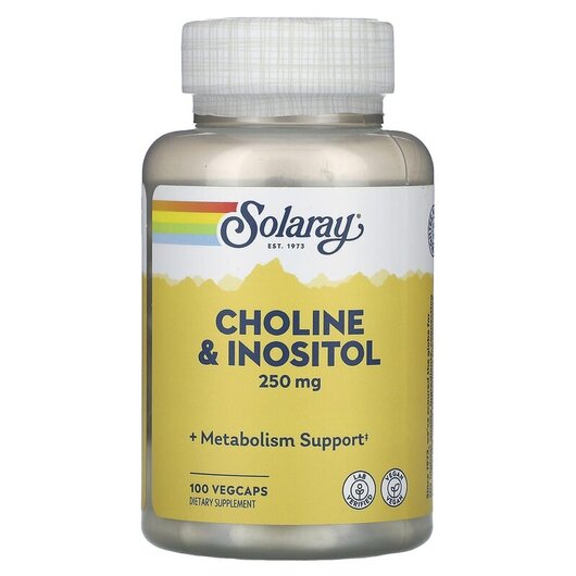 Основне фото товару Choline & Inositol 250 mg Основне фото товару Solaray, Choline & Inositol 250 mg, Холін та Інозитол, 100 ка
