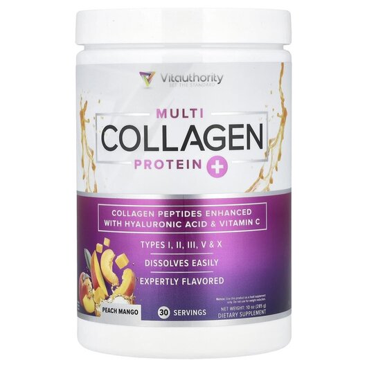 Основне фото товару Multi Collagen Protein+ Peach Mango Основне фото товару Vitauthority, Multi Collagen Protein+ Peach Mango, Колаген, 285 г