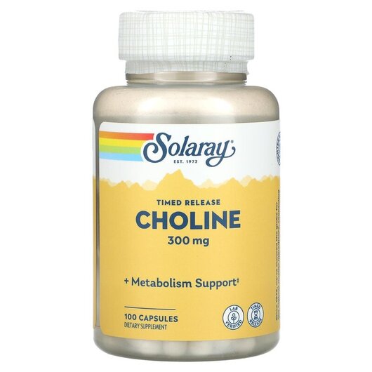 Основне фото товару Timed Release Choline 300 mg Основне фото товару Solaray, Timed Release Choline 300 mg, Вітамін B4 Холін, 100 капс
