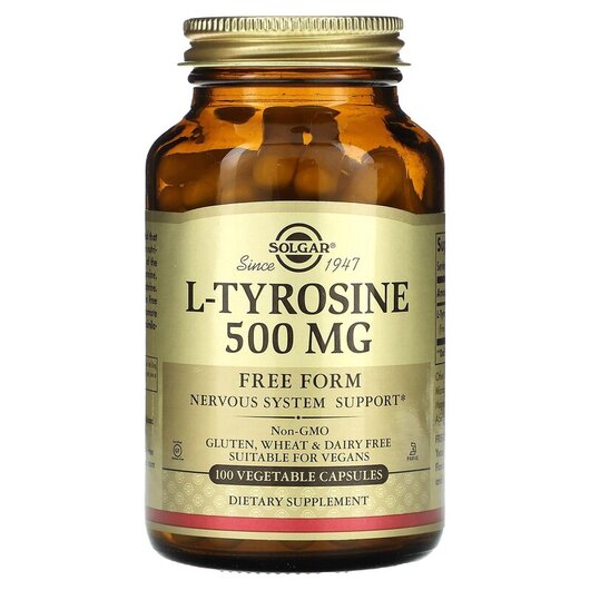 Основне фото товару L-Tyrosine 500 mg Основне фото товару Solgar, L-Tyrosine 500 mg, L-Тирозин 500 мг, 100 капсул
