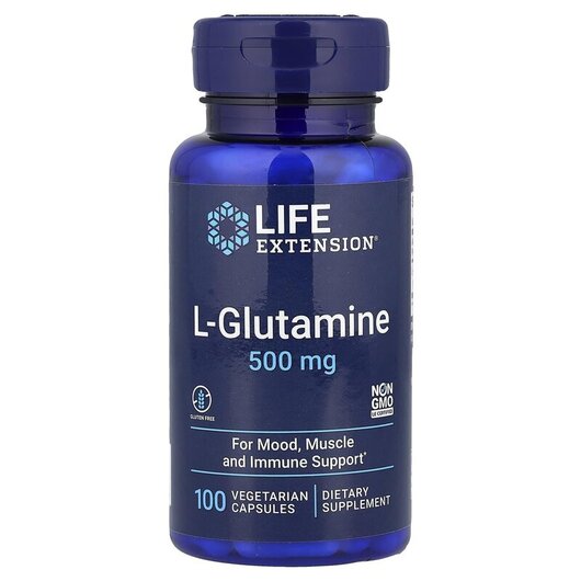 Основне фото товару L-Glutamine 500 mg Основне фото товару Life Extension, L-Glutamine 500 mg, L-глутамін 500 мг, 100 капсул