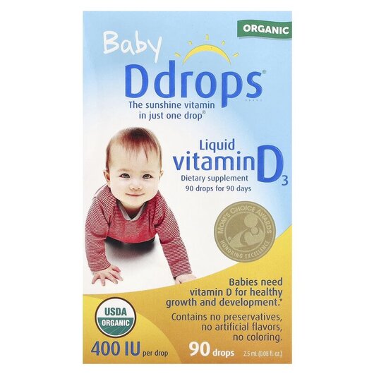 Основне фото товару Baby Liquid Vitamin D3 400 IU Основне фото товару Ddrops, Baby Liquid Vitamin D3, Рідкий Вітамін D3, 2.5 мл