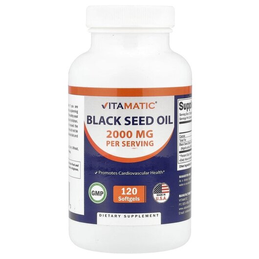 Основне фото товару Vitamatic, Black Seed Oil 2000 mg, Чорний кмин, 120 капсул