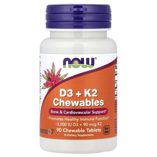 Основне фото товару D3 + K2 Chewables Основне фото товару NOW Foods, D3 + K2 Chewables, Вітаміни D3 K2, 90 Chewables Tablet