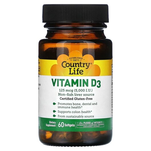 Основне фото товару Country Life, Vitamin D3 125 mcg 5000 IU, Вітамін D3, 60 капсул
