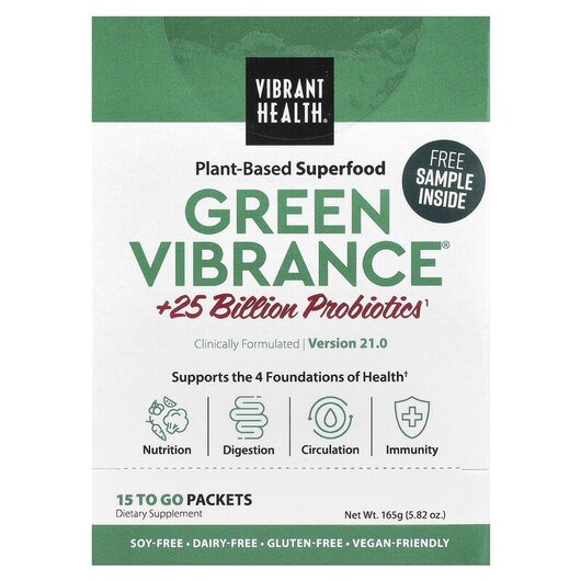 Основне фото товару Green Vibrance +25 Billion Probiotics Version 14.1 15 Packets 6 Основне фото товару Green Vibrance +25 Billion Probiotics, Суперфуд + Пробіотики, 181