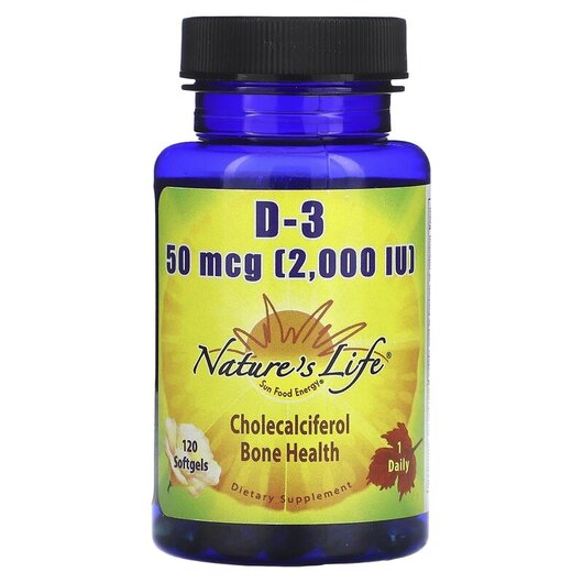 Основное фото товара D-3 50 mcg Основное фото товара Natures Life, Витамин D3, D-3 50 mcg, 120 капсул